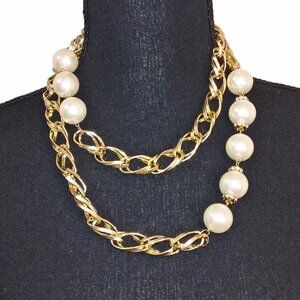WOMEN'S GOLD & PEARL TWO-STRAND LINK CHOKER NECKLACE